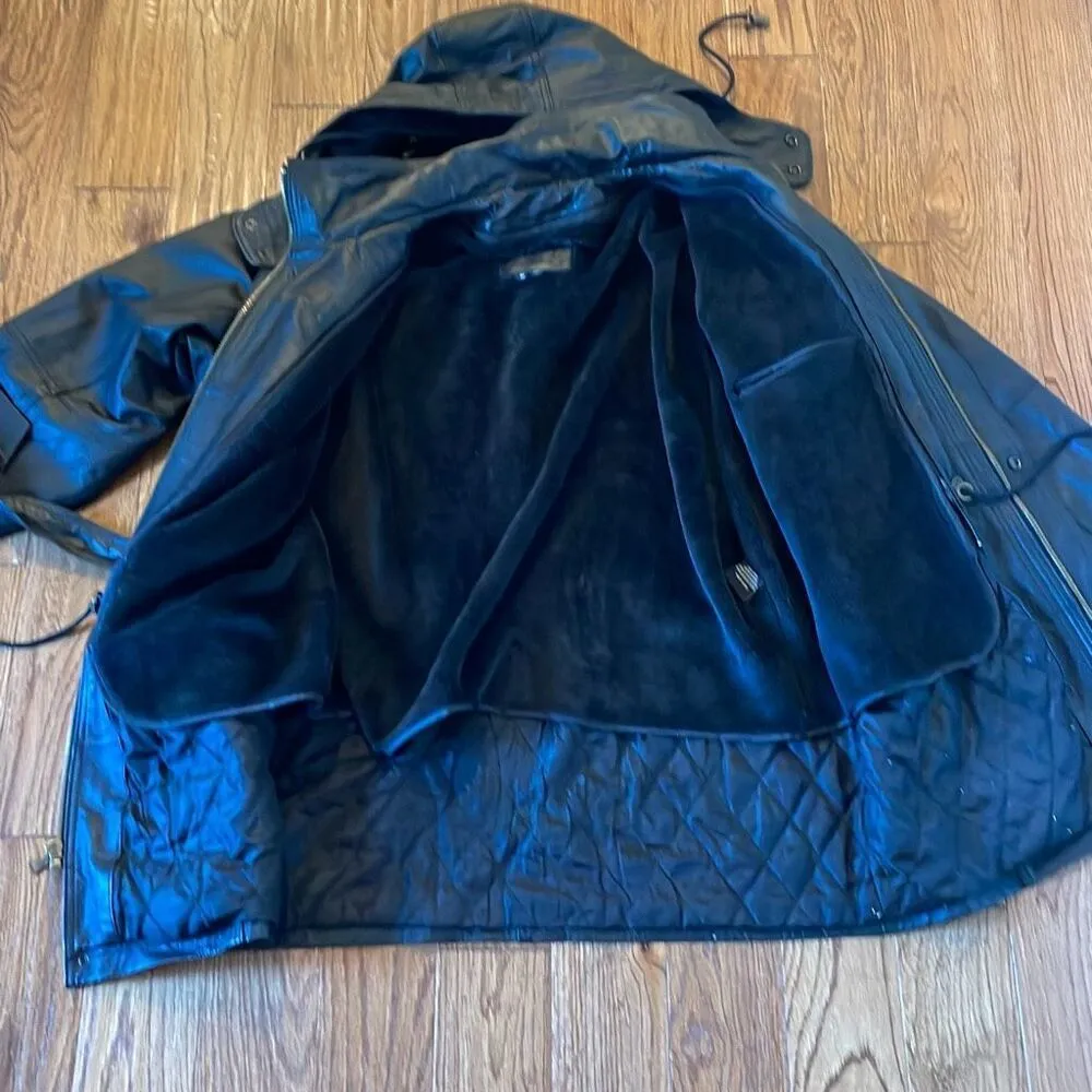 VintageāLeather black hooded faux fur lined trench jacket M Size M - Image 8