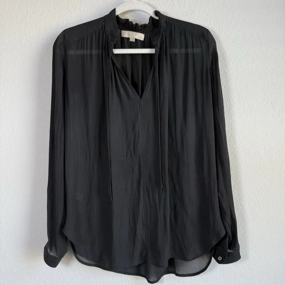 Loft Women's Small Sheer Long Sleeve Smocked‎ Tie Neck Blouse Black Casual - Image 14