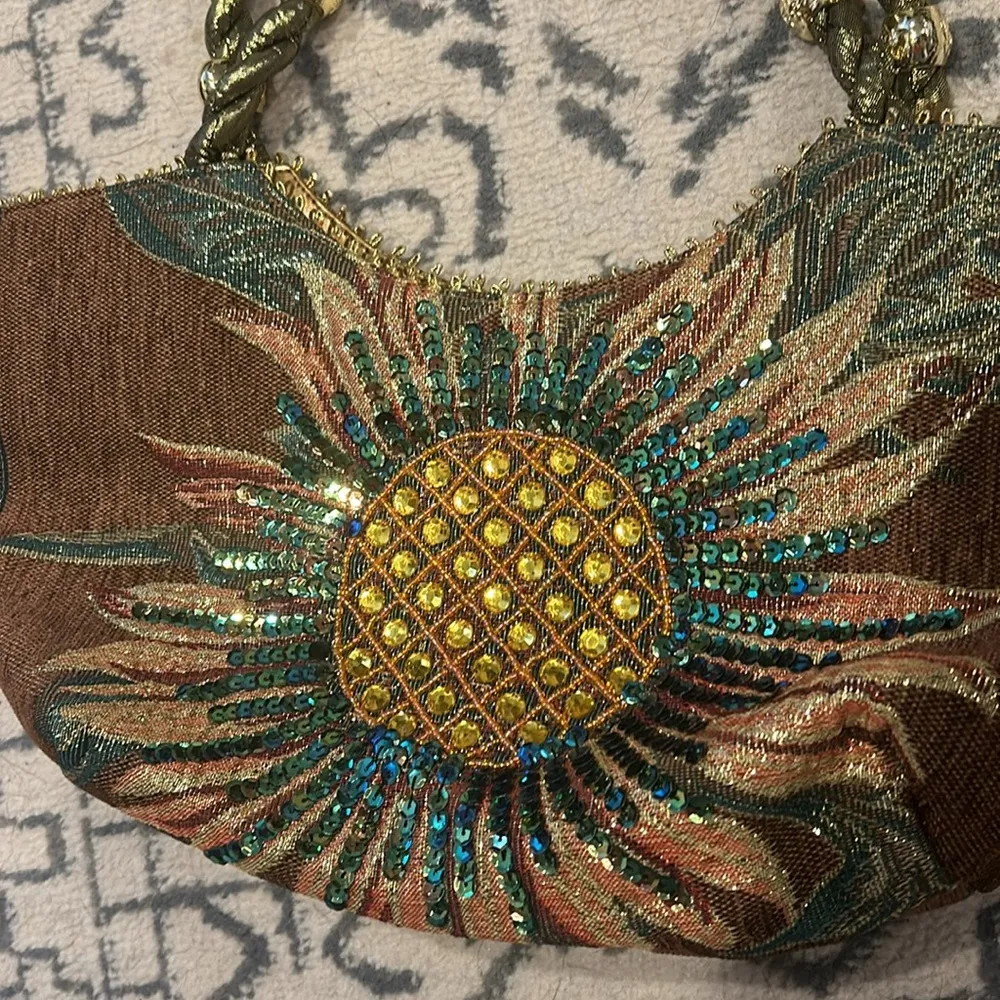 Vintage Bling Sequin Pineapple Sunflower Purse Brown - Image 2