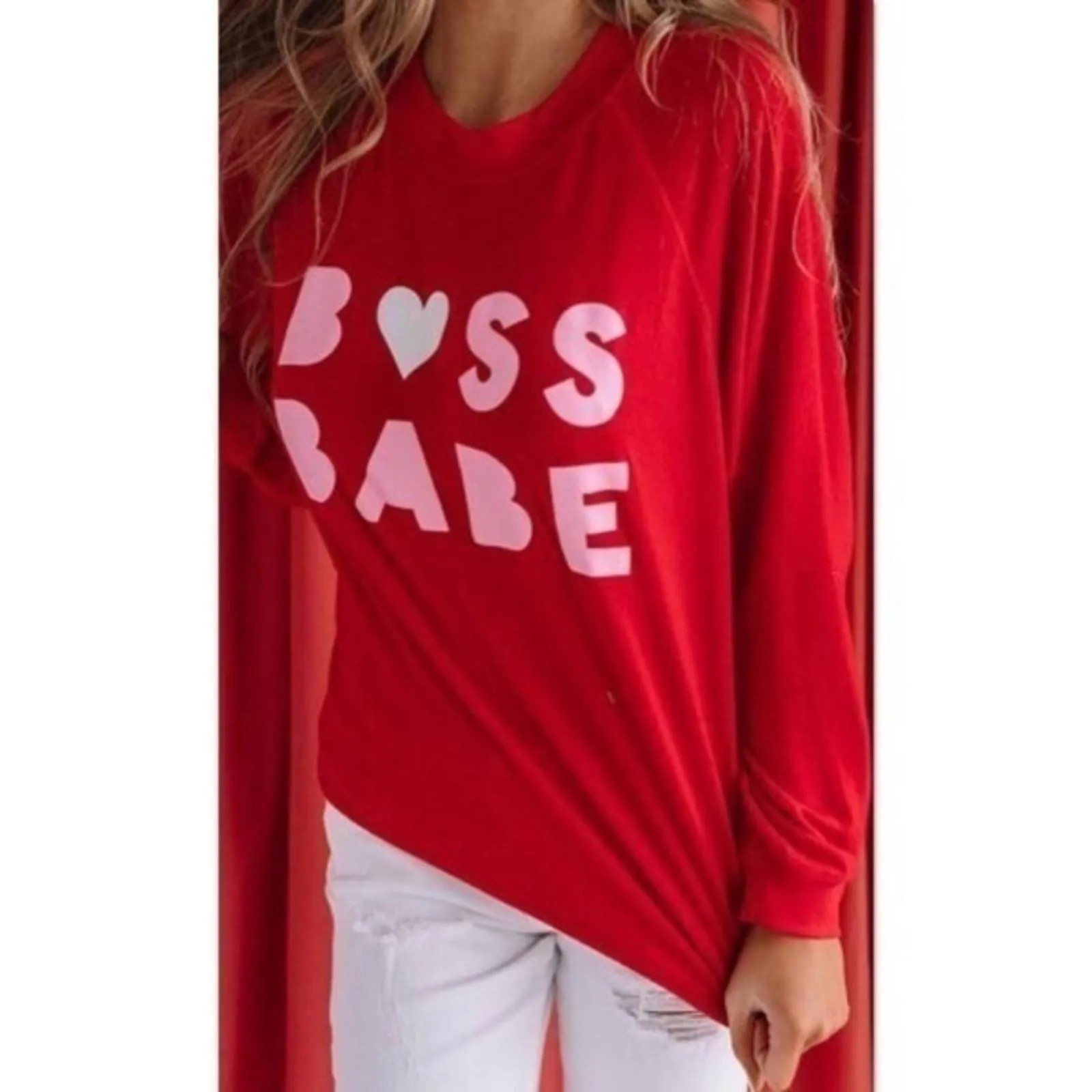Boss Babe Red Sweatshirt Cozy Valentine’s Day Pullover Pink Lettering NWT - Image 5