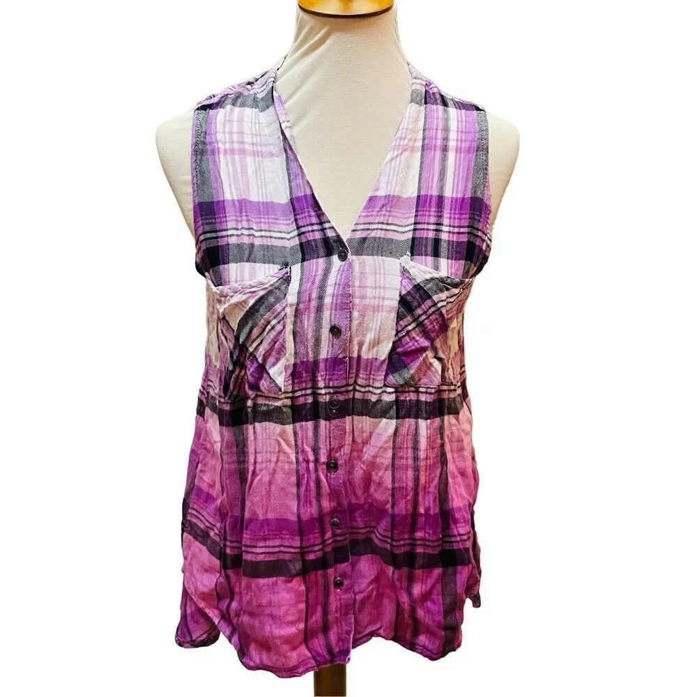 Rock & Republic Purple Checkered Split Back Sleeveless Button Front 100% Rayon B - Image 2