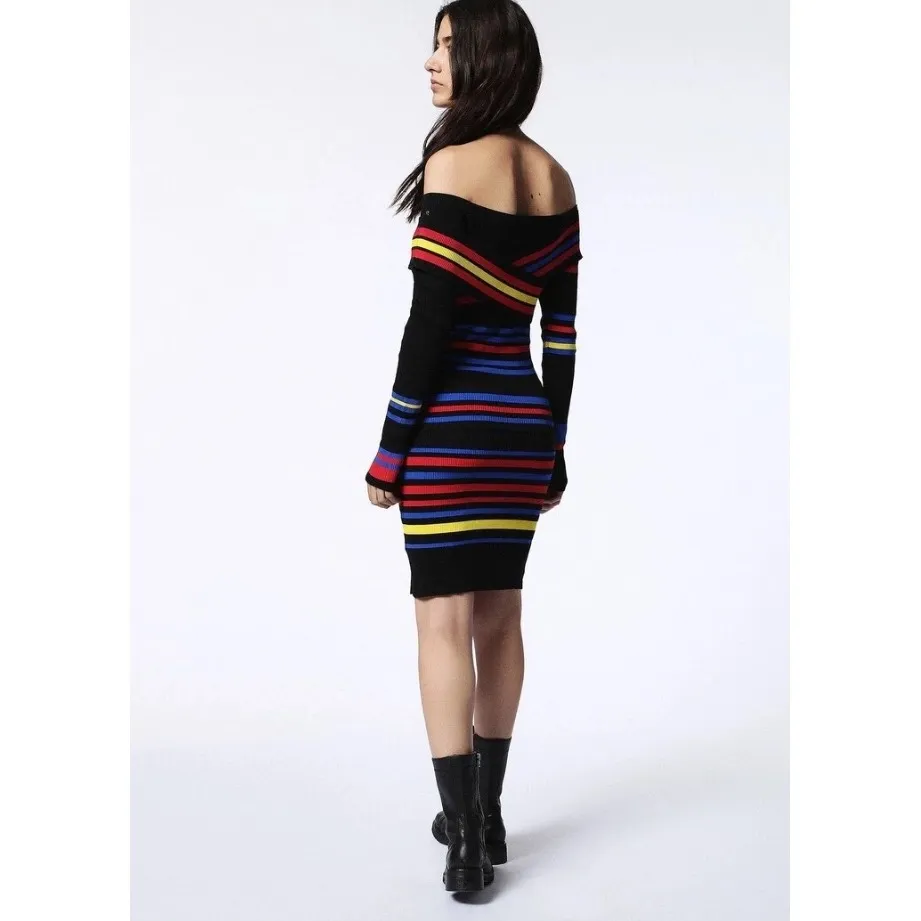 DIESEL Black Multi Color Stripe Off Shoulder Long Sleeve Bodycon Dress size m/l - Image 2