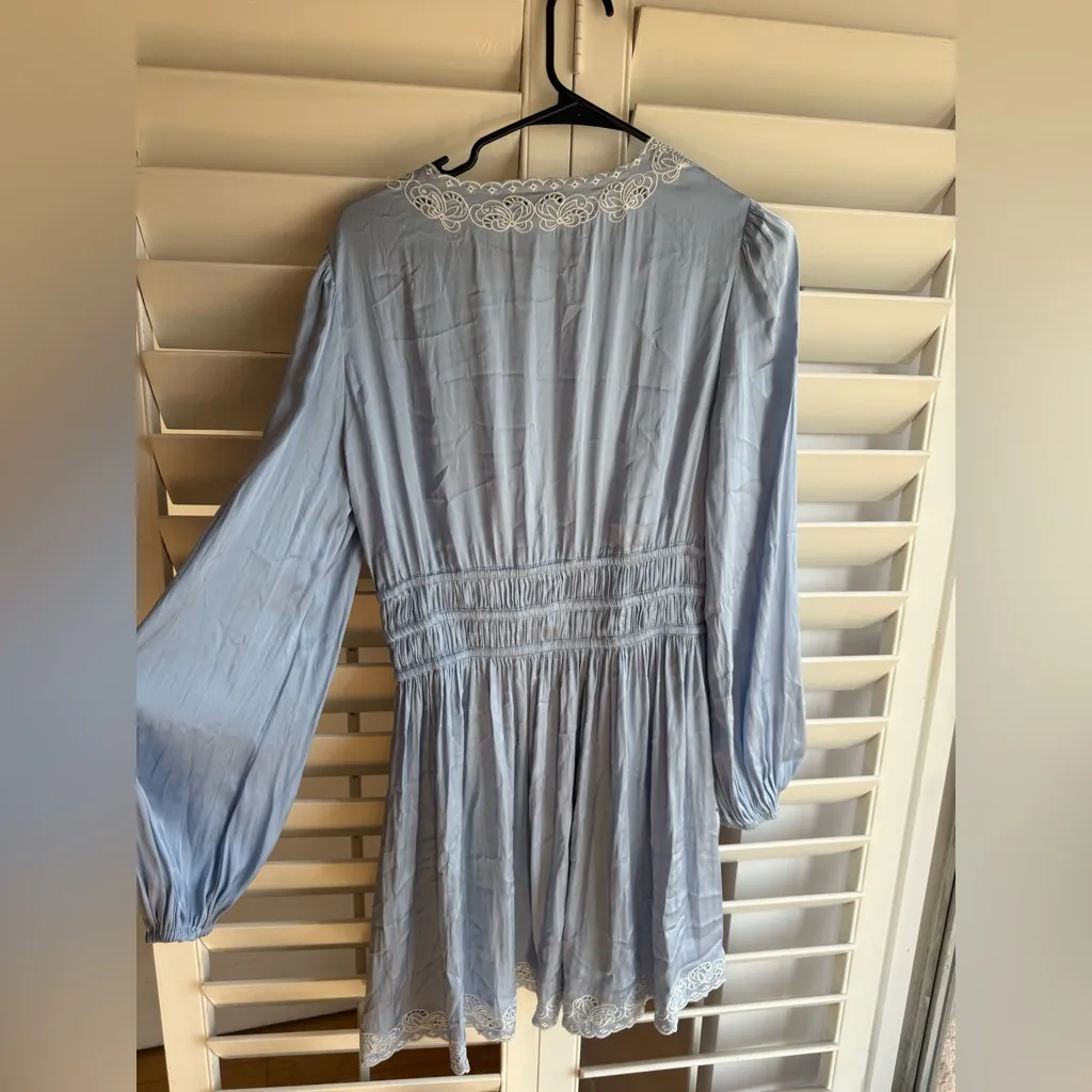 Maje Light Blue Dress with White Lace Detail Embroidered Satin - Image 9