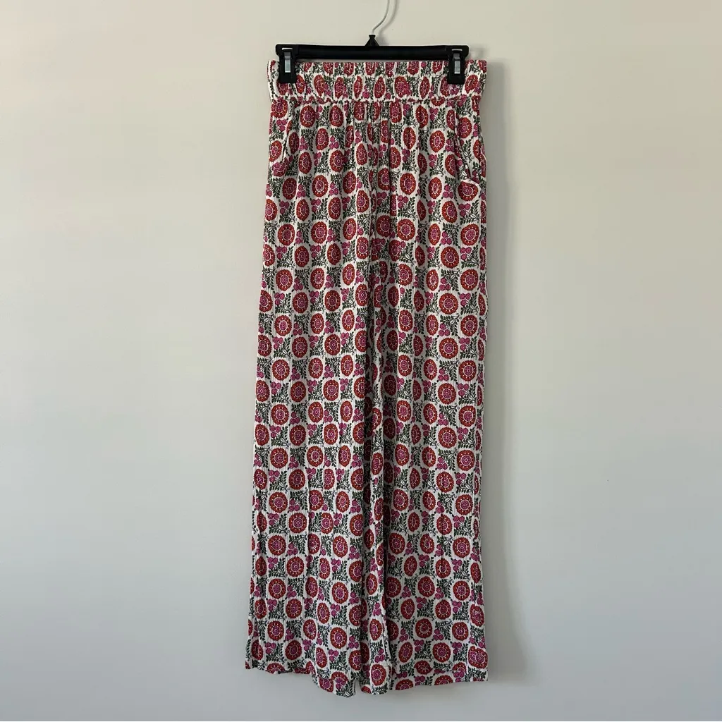 Boden Crinkle Wide Leg High Rise Viscose Lightweight Trouser Pant Pink Green 4 White - Image 2