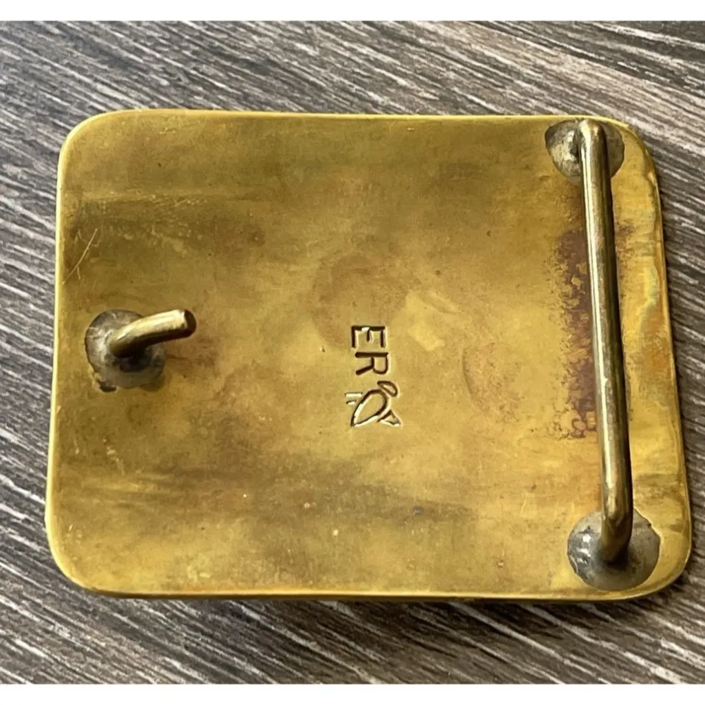 Navajo Yellow Brass Turquoise Women’s Belt Buckle Flower Engraved Signed ER Gold - Image 9