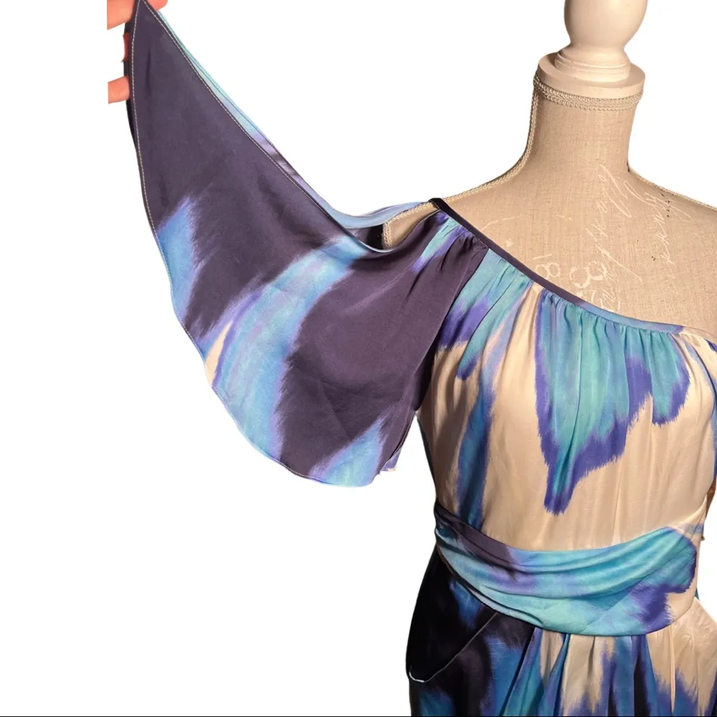 Vince Camuto one shoulder blue white dress watercolor size 8 ruffle pockets - Image 7