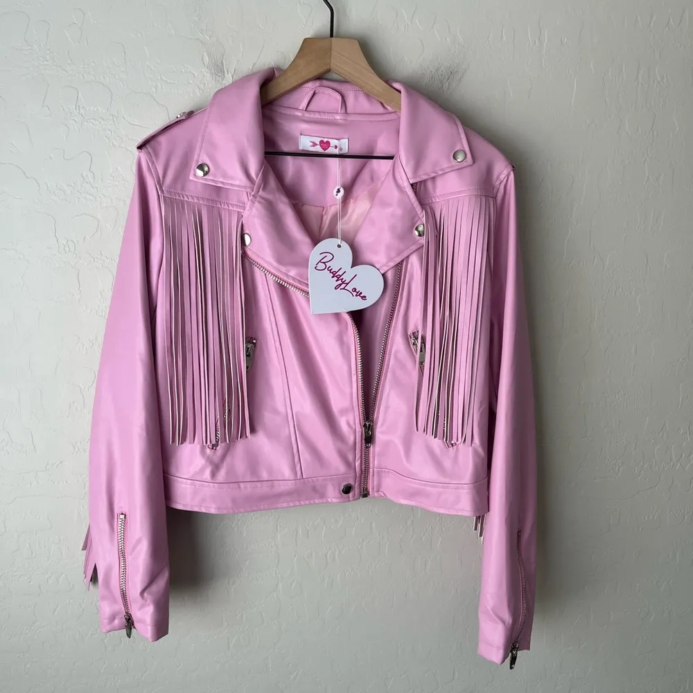 Buddy Love Faux Leather Fringe Moto Jacket Bubblegum Pink NEW Medium - Image 6