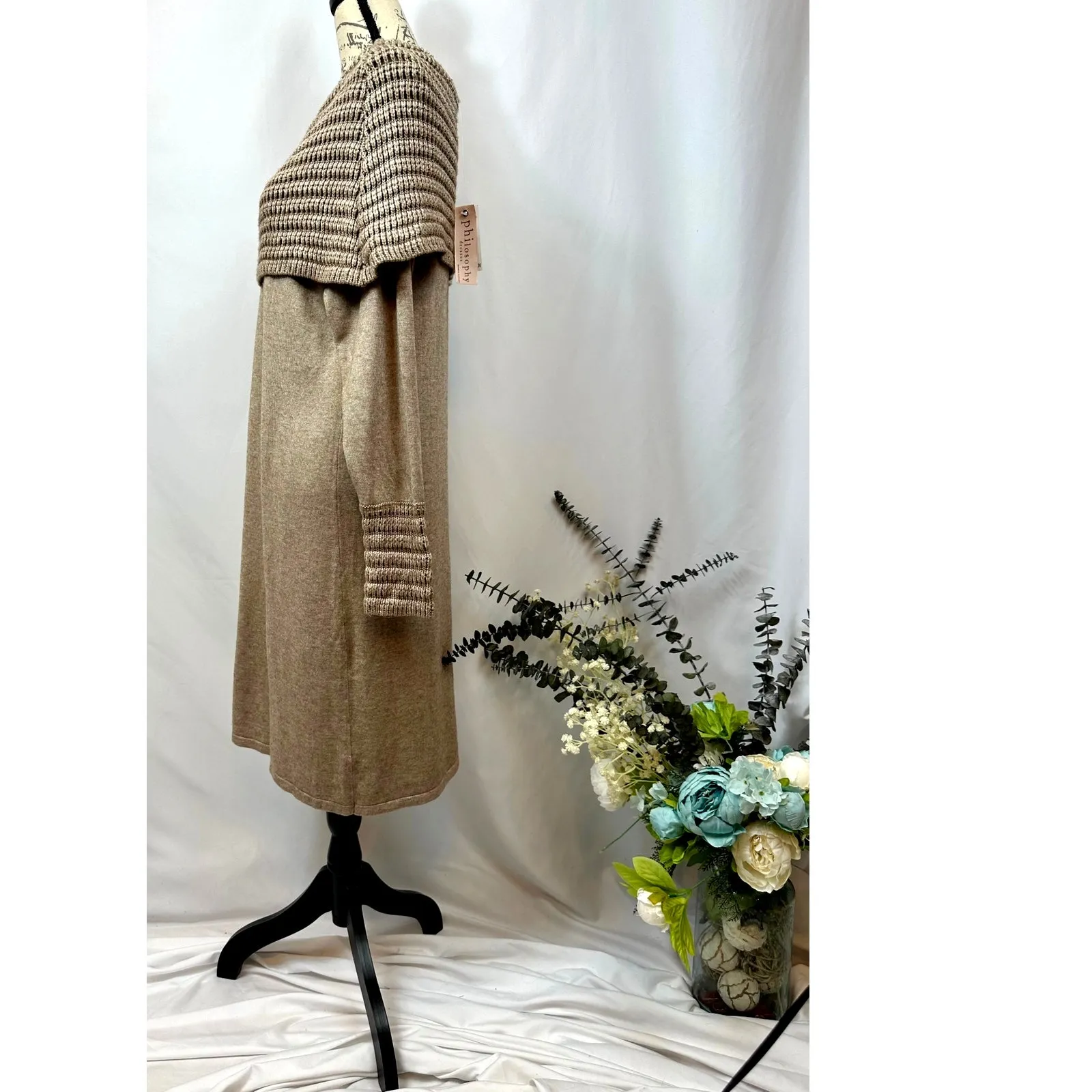 Philosophy Cowl Neck Crochet Overlay with Matching Cuffs Dress Taupe XL - Image 7