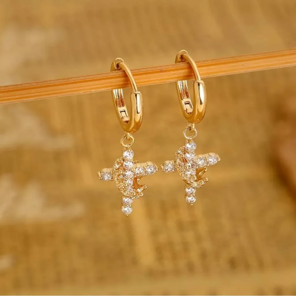 Gold Cross Crown Earrings - Image 2