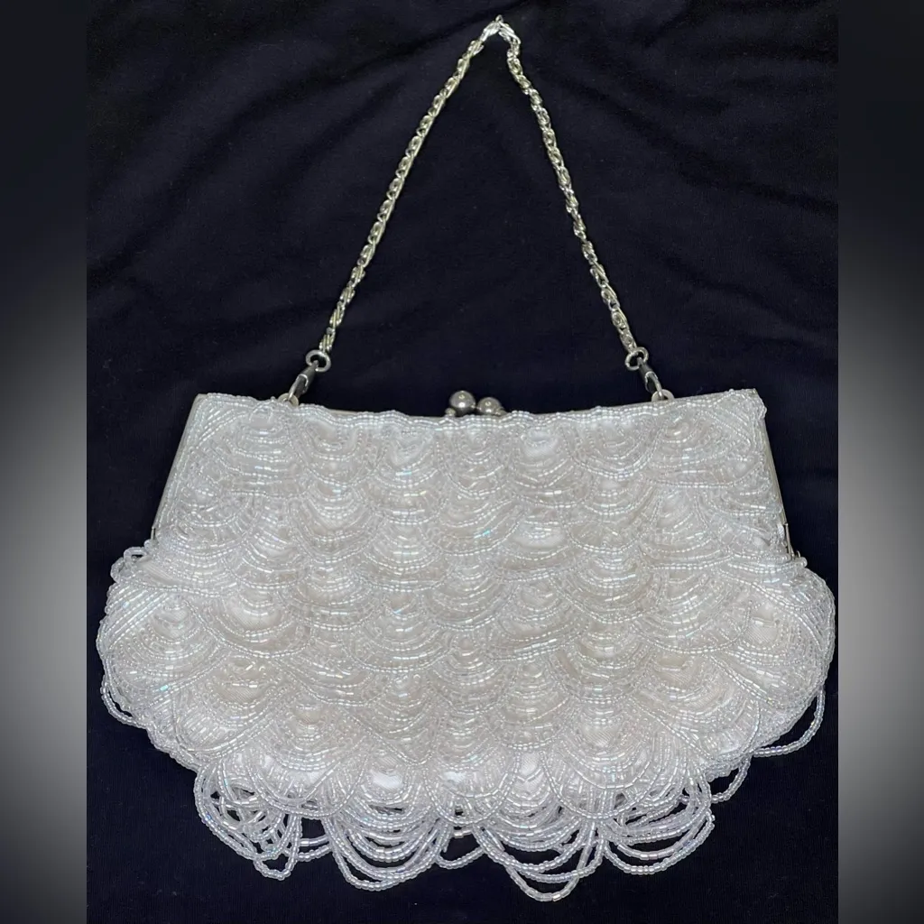 Beaded Evening Party Wedding White Handbag Purse Chain Strap Kiss Lock Closure White - Image 5