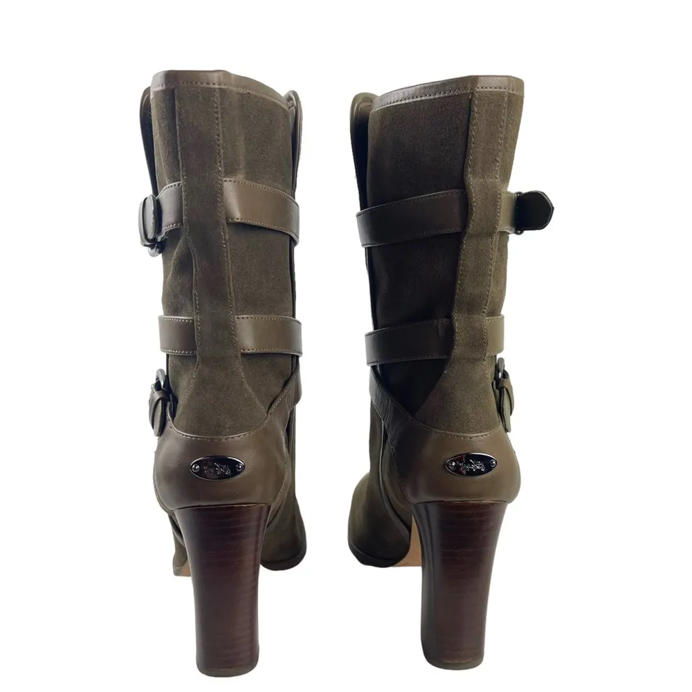 Coach Alexandra Fatigue Green Suede Midcalf Buckle Heel Bootie Boots Size 8 - Image 10