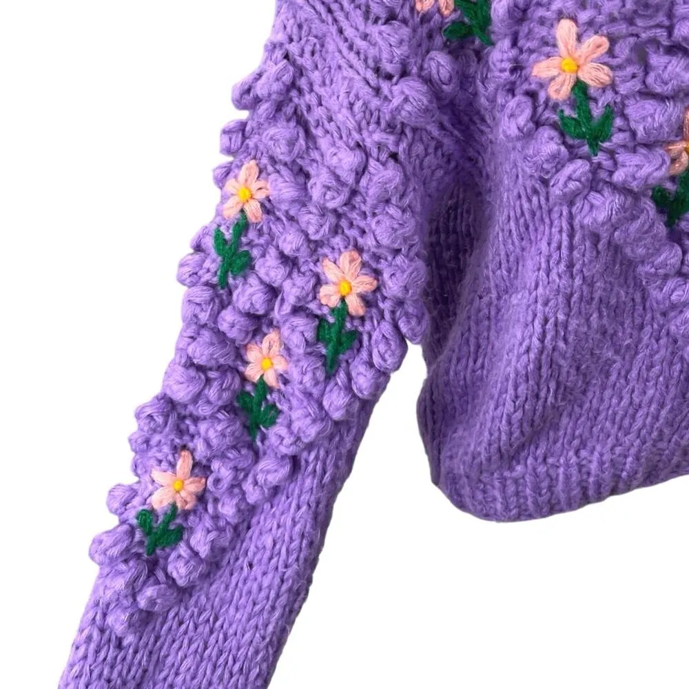 Chicwish Purple Floral Crochet Knit Peasant 3D Button Up Cardigan Sweater Top S - Image 4