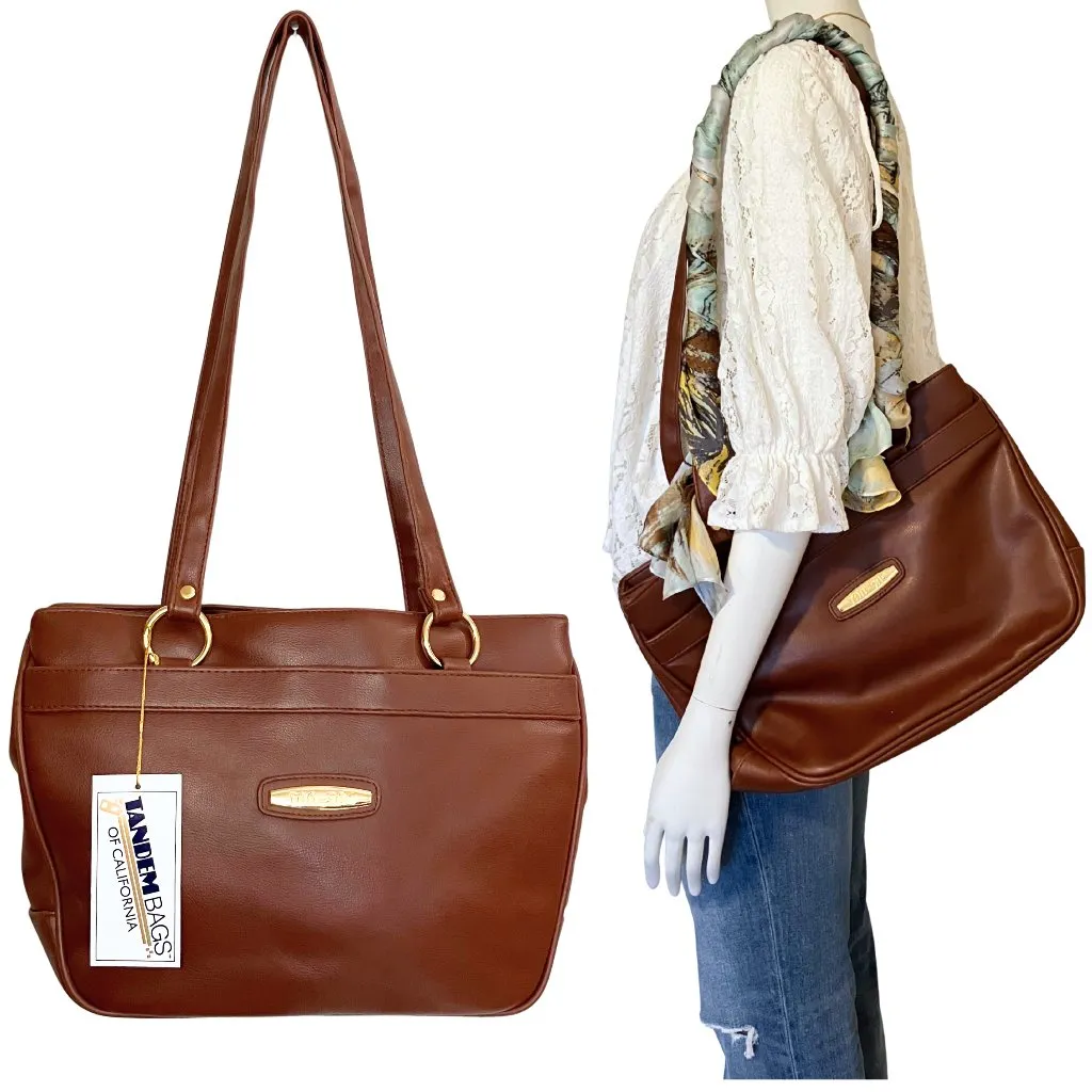 Deadstock Vintage 90s Brown Leather Shoulder Bag Classic Tote Preppy Large Work - Image 2
