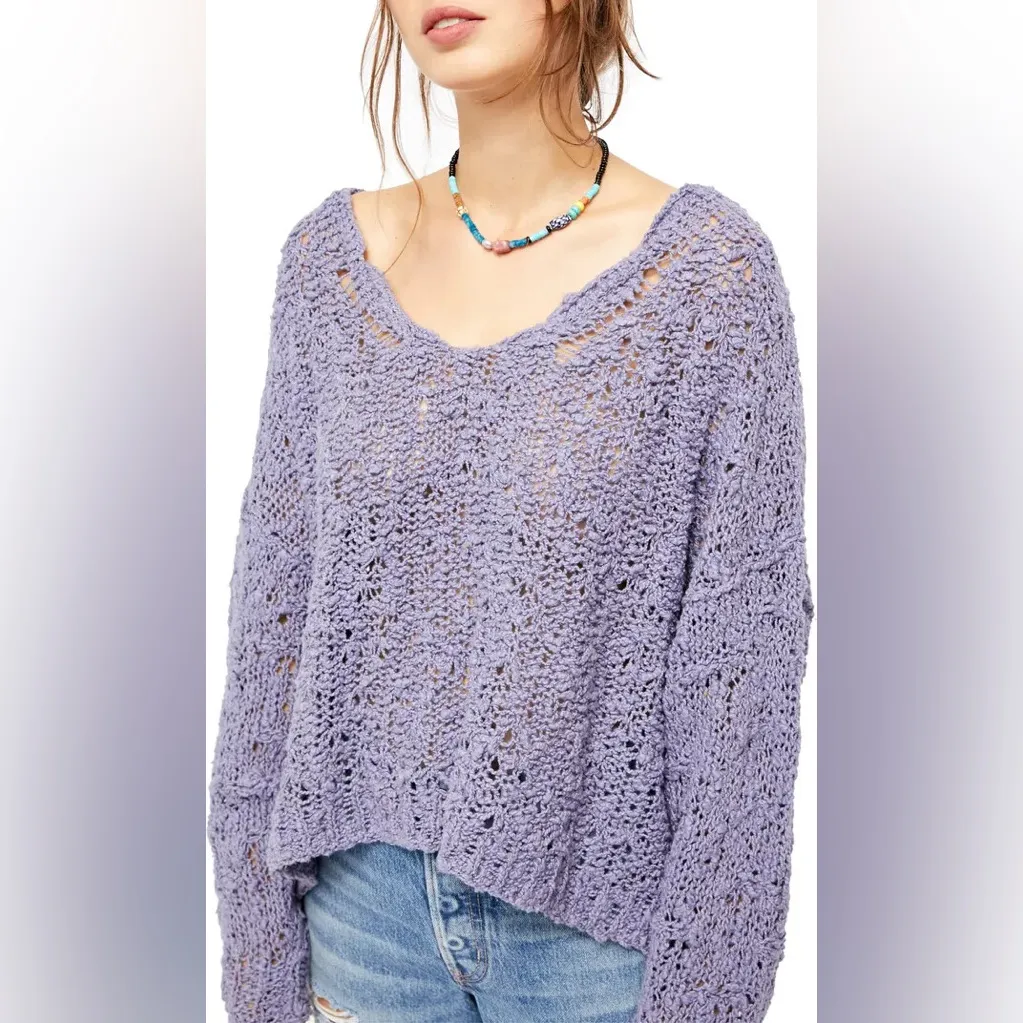 Free People Sunday Shore Cotton‎ Blend Chunky Open Knit Lavender Sweater Size M - Image 2