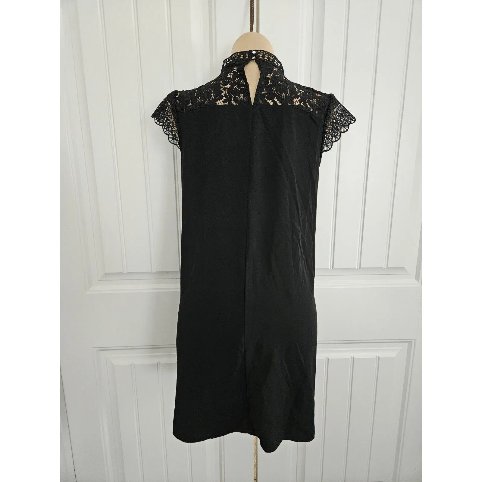 Zara Mock Neck Lace Short Sleeve Shift Dress Black S - Image 6