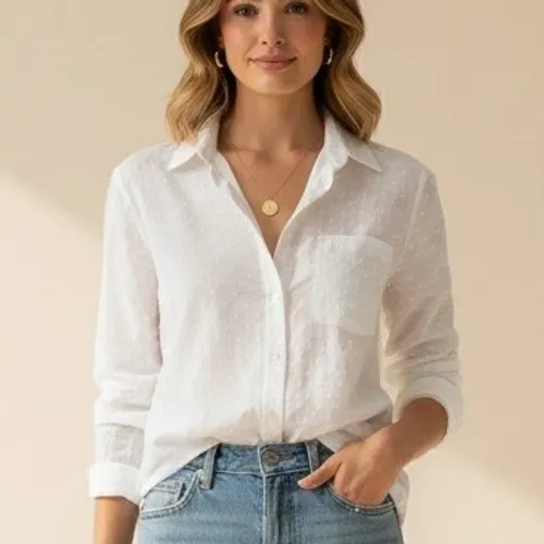 Marine layer  White Cotton‎ Dobby Button Down Blouse Womens Small Textured  Shirt - Image 2