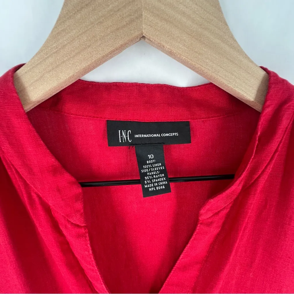 INC‎ Red Linen Roll Tab Sleeve Jewel Button Up V - Image 7