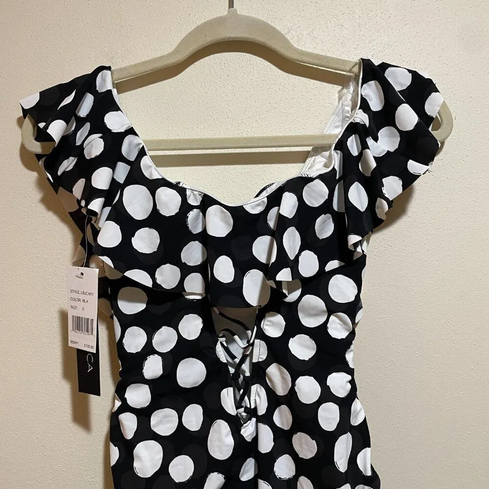 NEW La Blanca Size 6 Mod For Dot Polka Dot Ruffle One Piece Swimsuit Black White - Image 12