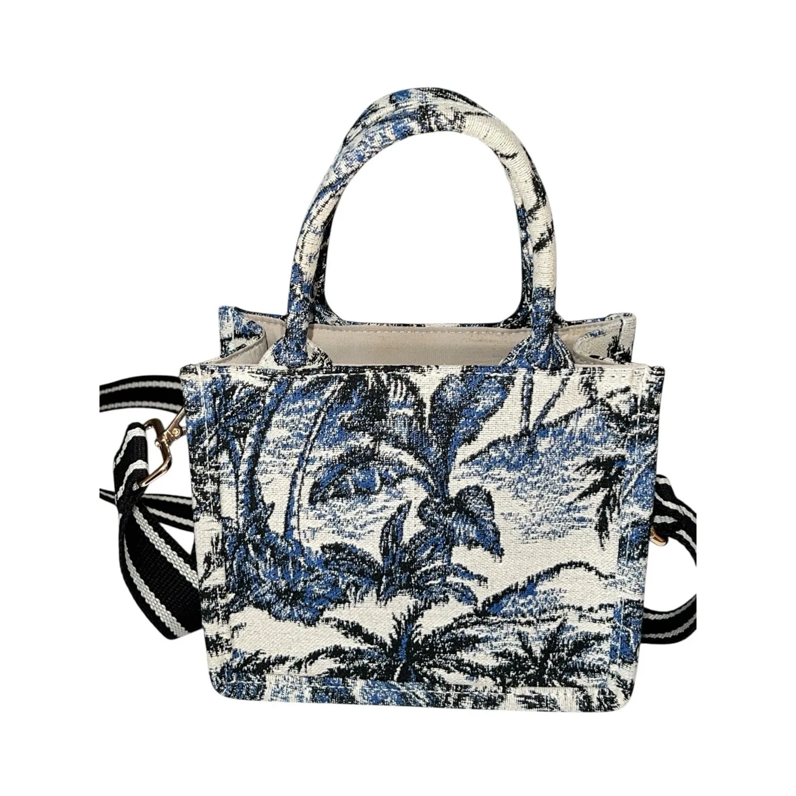 H&M Mini Tote Jacquard Tote Palm Tree Leaf Tropical Bag Crossbody Strap Blue EUC - Image 4