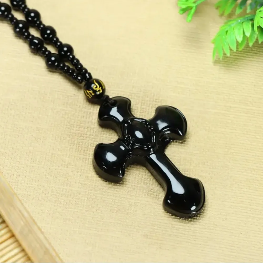 1pc Classic Religious Style Christian‎ Cross Fashion Obsidian Pendant Necklace Black - Image 16