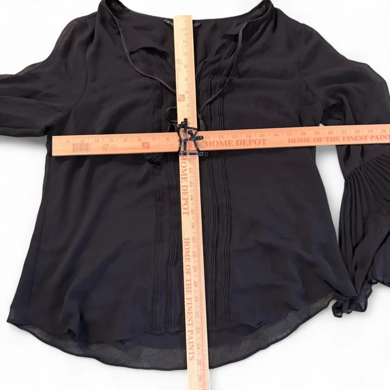 WHBM White House Black Market Black Pin tuck Sheer Bell Sleeve Blouse Top Sz 14 - Image 7