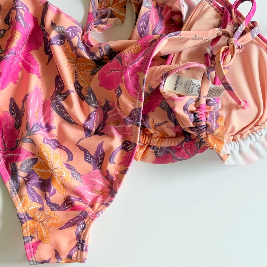 Floral Pink and Orange Bikini Set Medium - Image 2