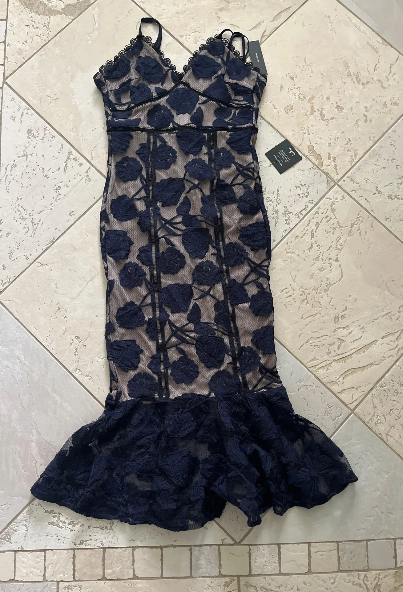 Lulus Alluring Dream Navy Blue Floral Mesh Lace Trumpet Midi Dress - $21  (78% Off Retail) - From Kaitie