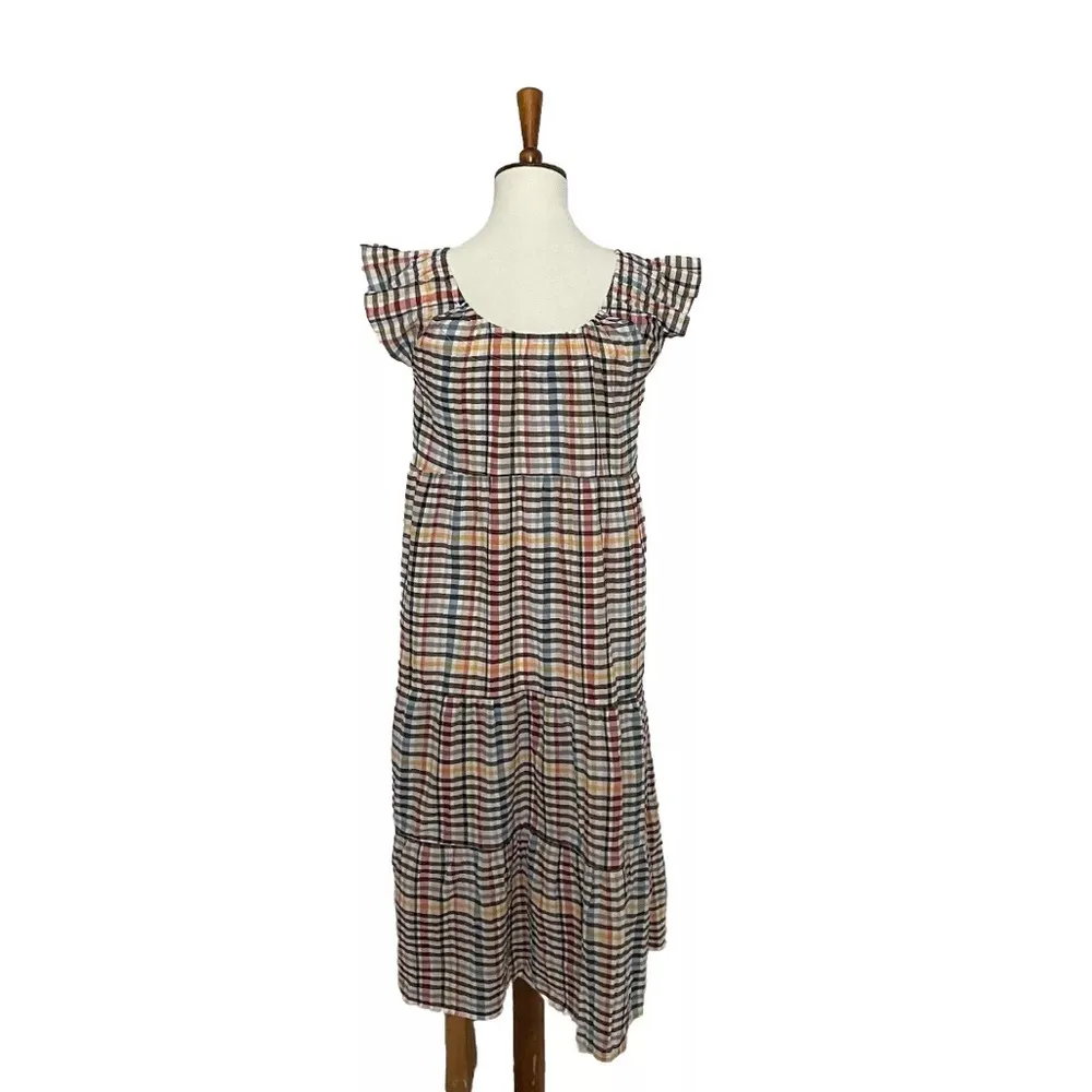 Loft Dress Midi Lightweight Plaid Tiered Cotton Cottagecore Pink Yellow Black - Image 7