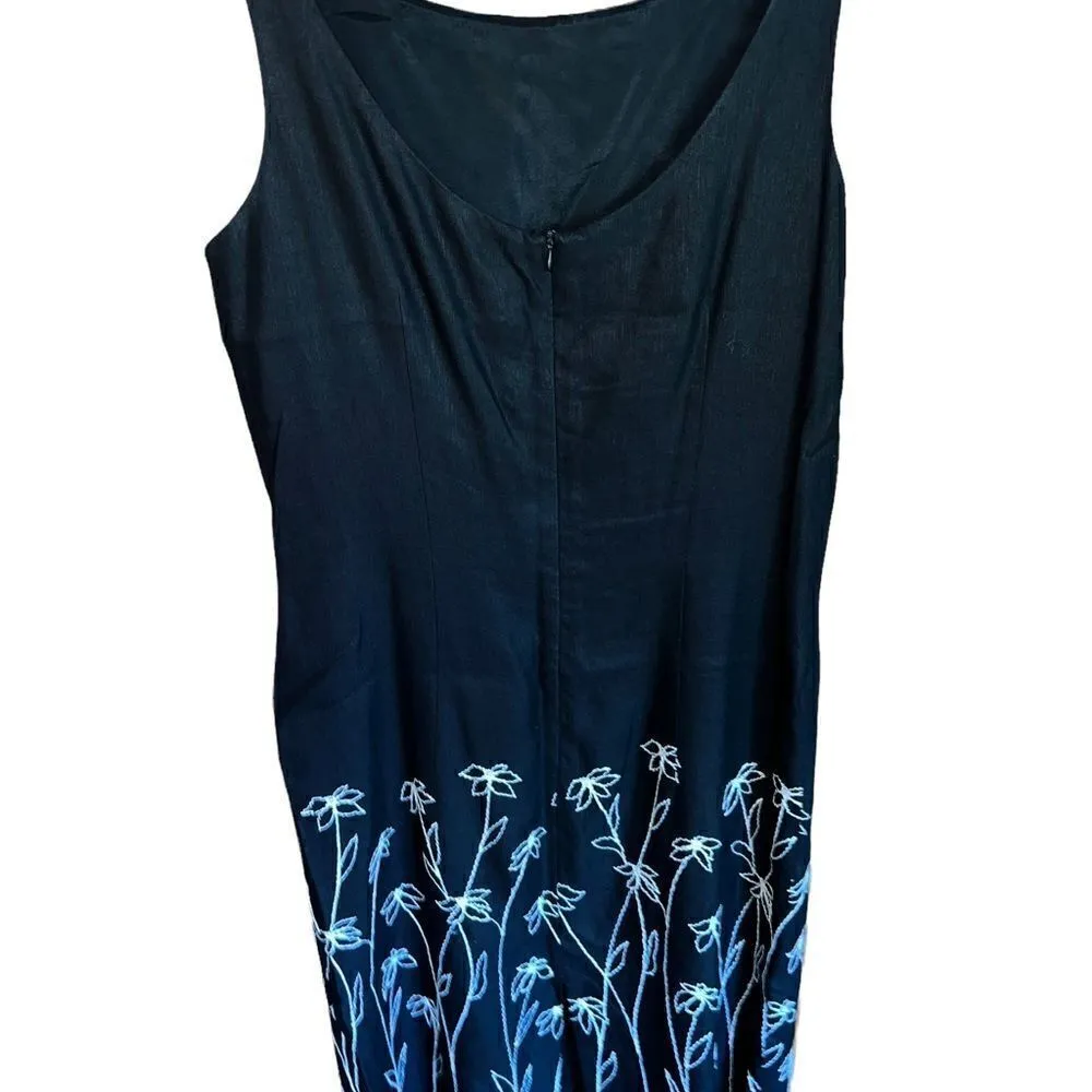YL Black linen blend tank dress with white floral embroidery size 8 - Image 2