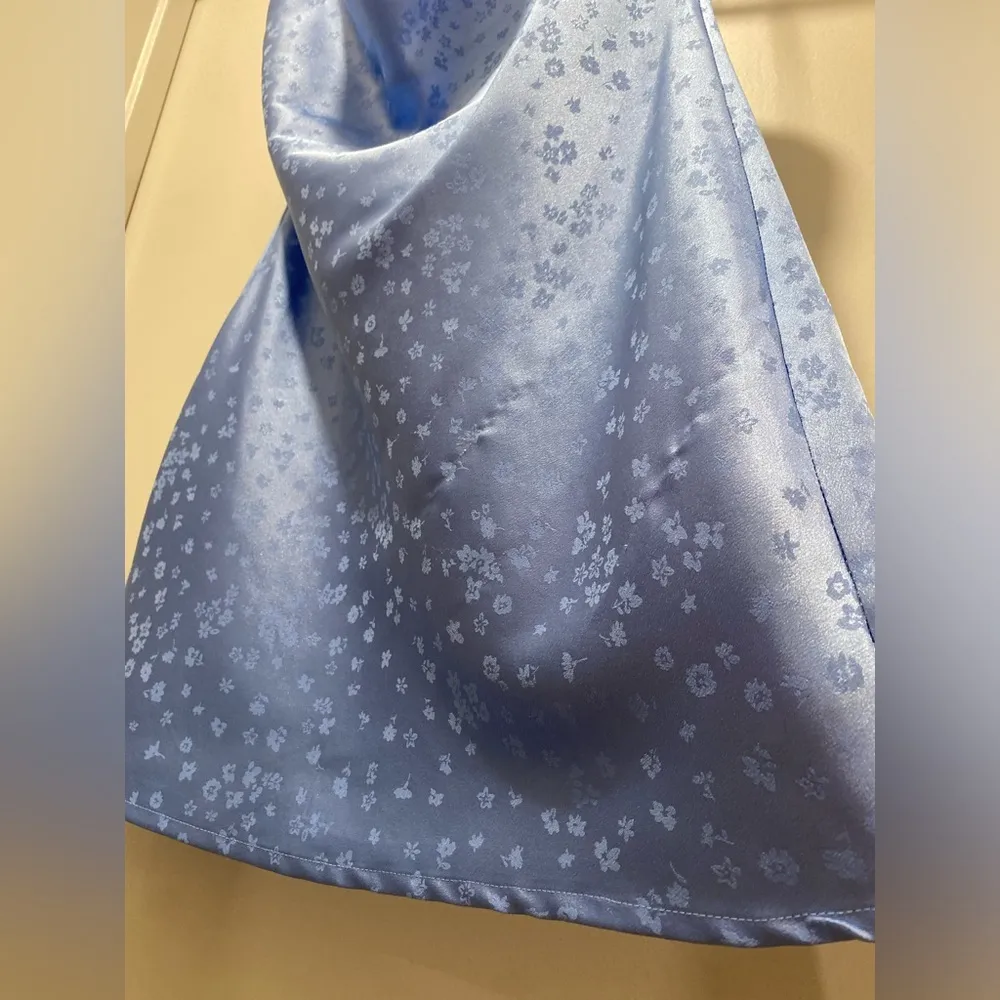 Light Blue Floral Cowl Neck Satin Silk Slip Cami Mini Party Dress - S - Image 7