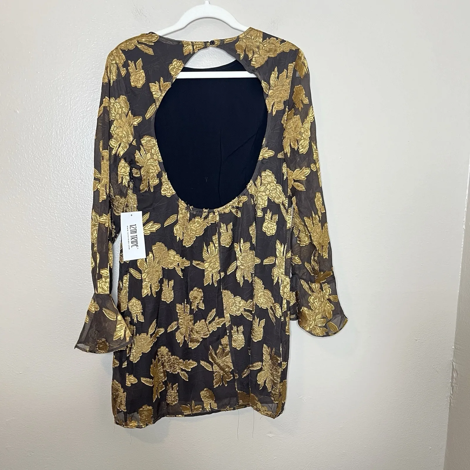 12th Tribe Dress Marissa Gold Black Floral Mini Dress Gothic Whimsigoth Wedding - Image 9