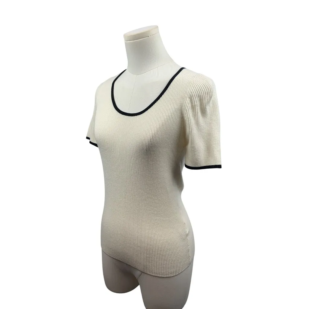 Luxe Ribbed Short Sleeve Contrast Trim Fitted Knit Top In Cream & Black - Image 2