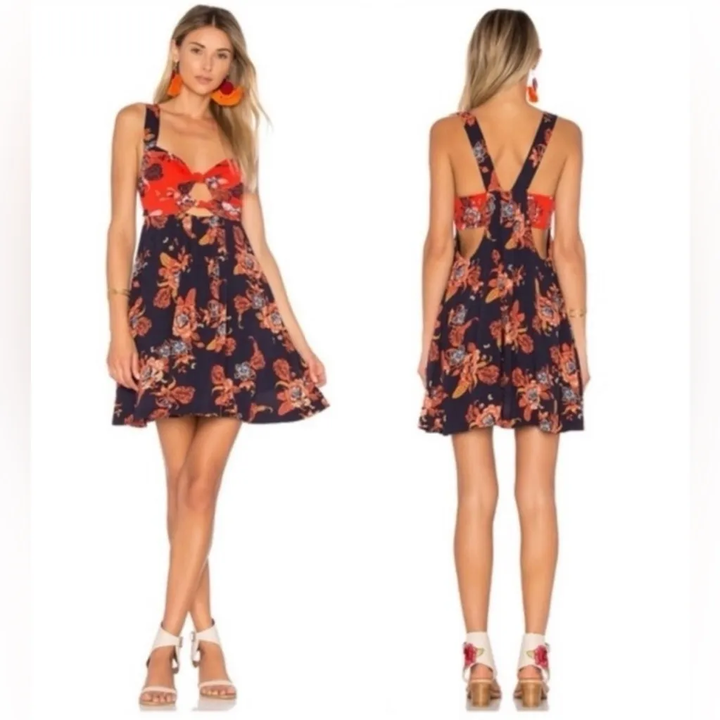 Free‎ People Baby It's You Navy Blue & Orange Floral Print Mini Dress Size Small - Image 5