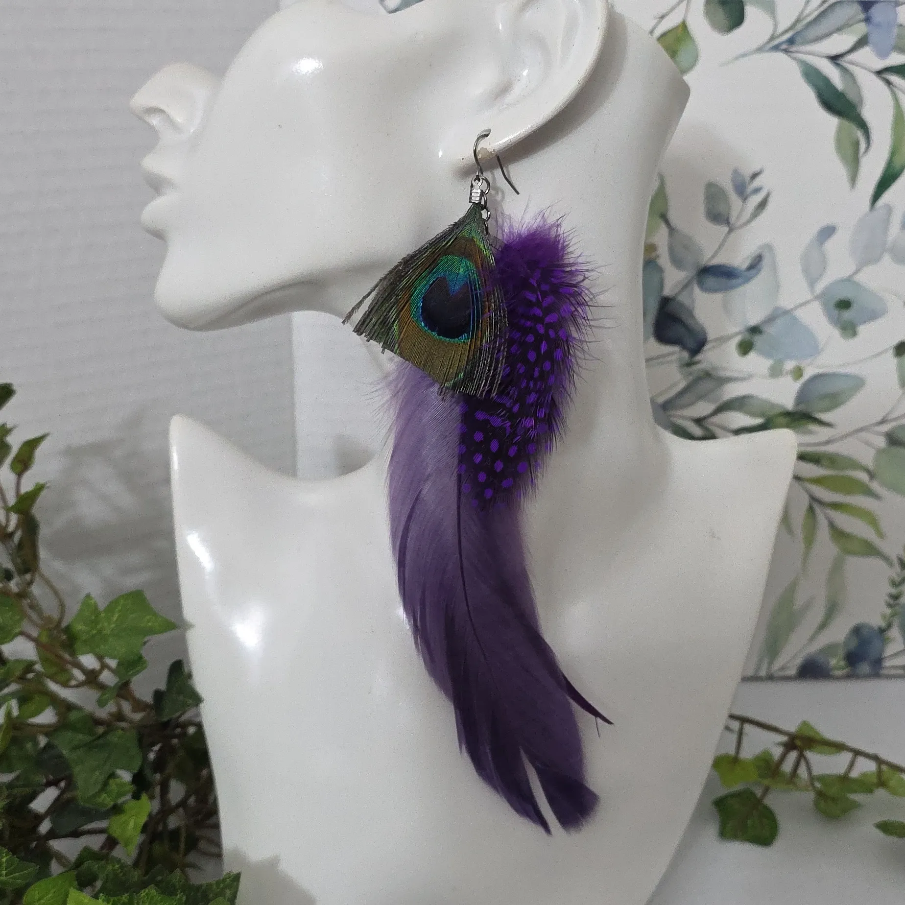 Boho Long Purple Real Feather Earrings - Image 5