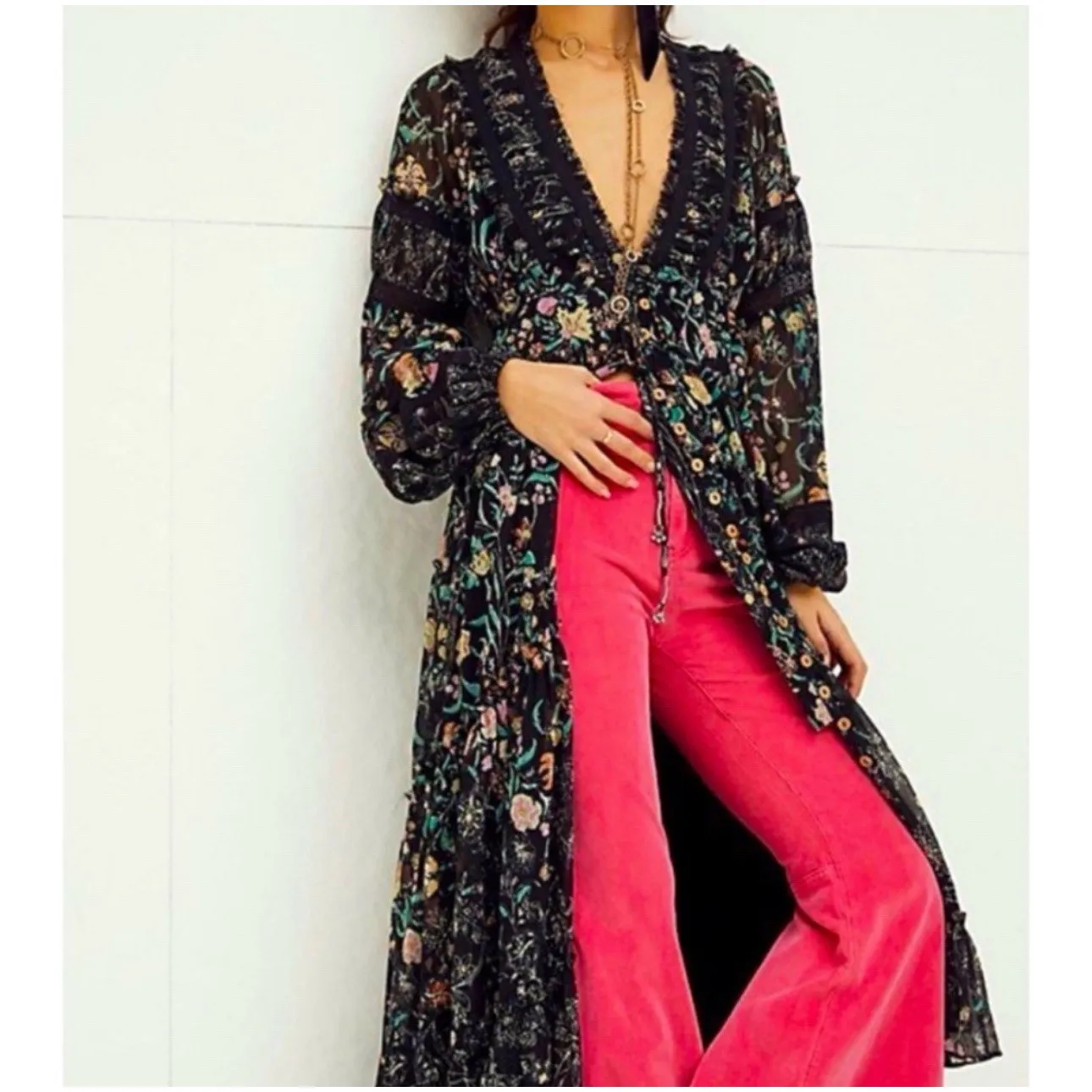 Free People Cassis Printed Chiffon Maxi Dress Floral Print Black Sz XS Boho - Image 4