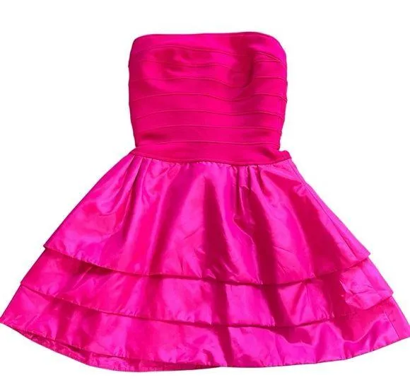 VTG 80s Tadashi Shoji Strapless Barbie Pink Mini Cocktail Dress Tiered USA Sz XS - Image 1