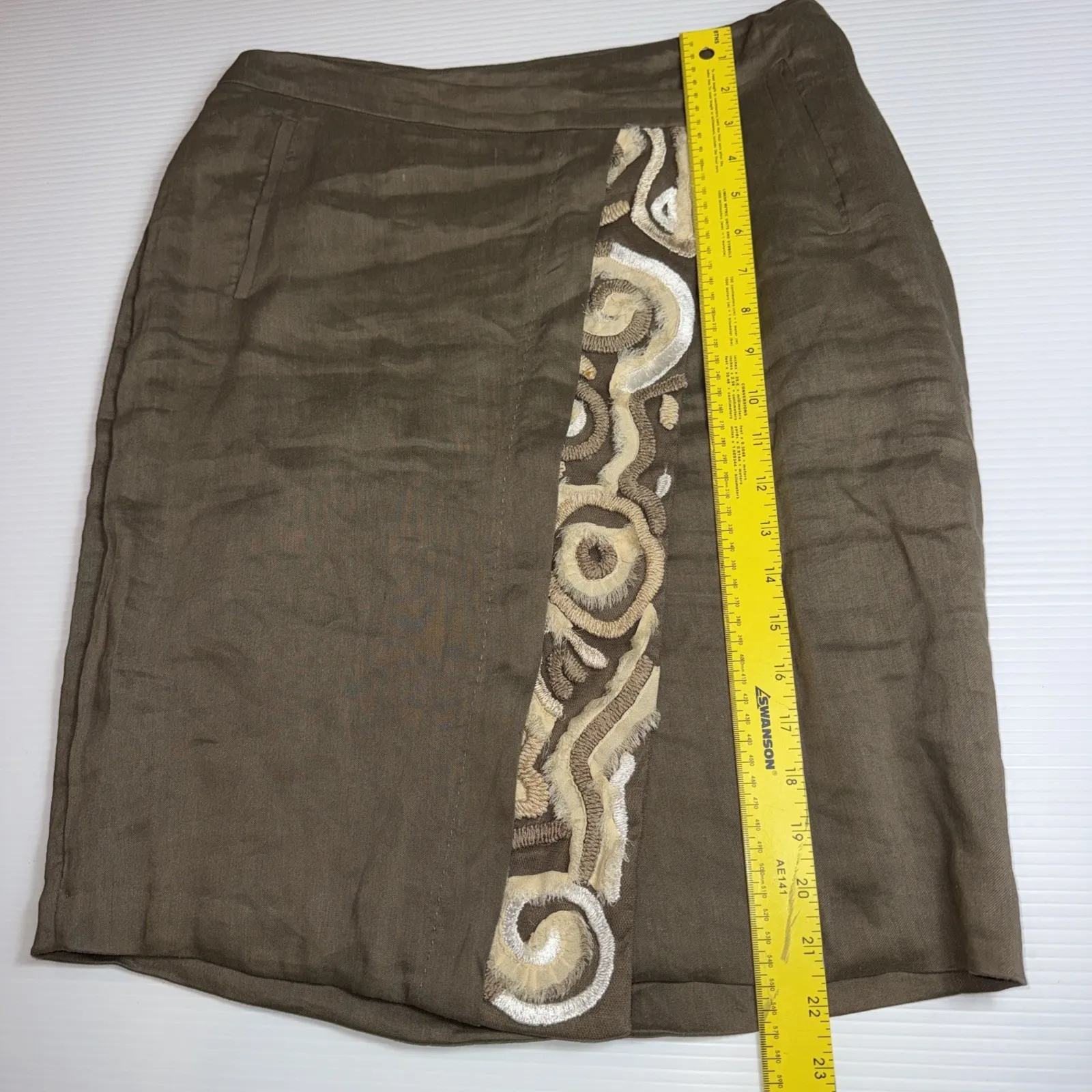 Piazza Sempione Women Green Tan Linen Blend Skirt 42 US 6 Made In Italy - Image 3