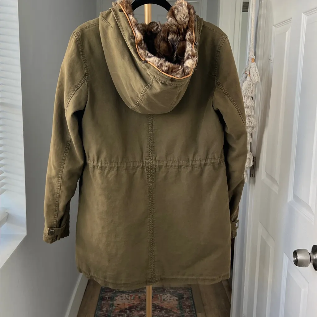 Zara Olive Green Fur Lined Thick Warm Military Parka Size Small - Image 4