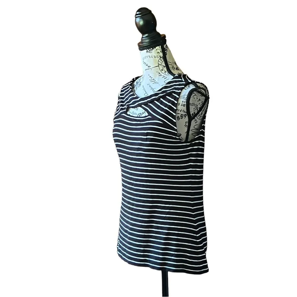 Vince Camuto Black White Stripe Keyhole Sleeveless Top Womens M Nautical - Image 3