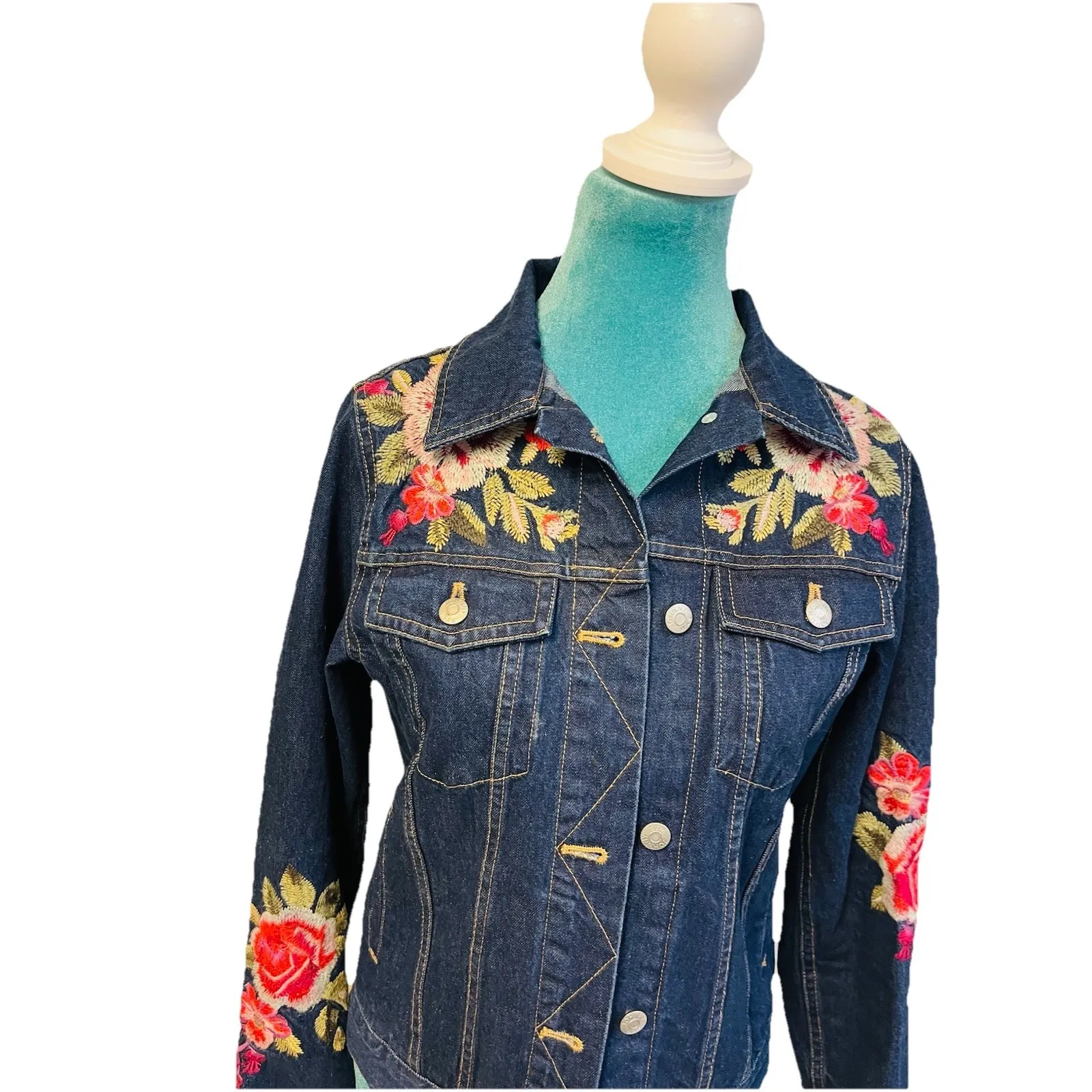 Johnny Was Desi Floral Embroidered Denim Jean Jacket Boho Size Extra Small - Image 6