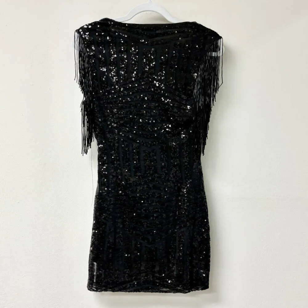 NWT superdown Carly Sequins Fringe V-Neck Mini Dress Black Women's Size Small - Image 4