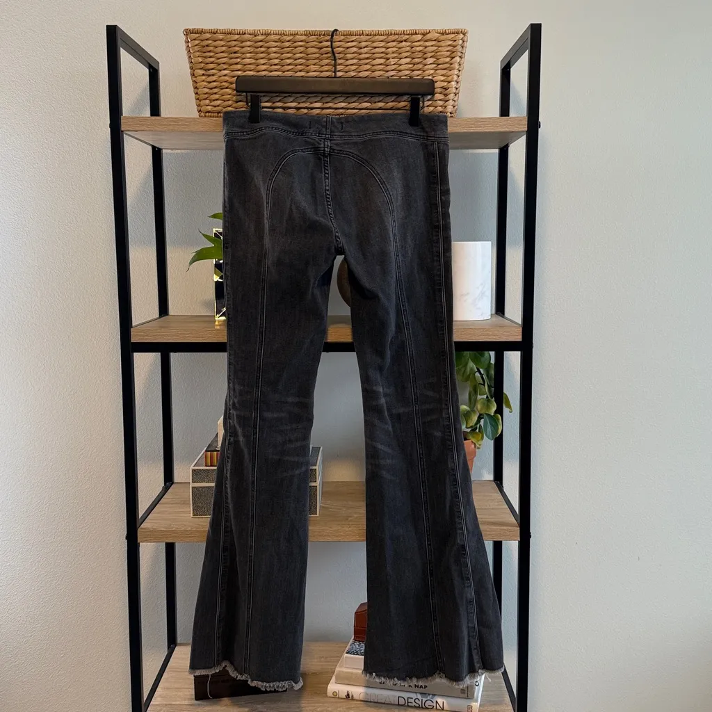 Free People Mid-Rise Washed Black Raw Hem Bell Bottom Flare Jeans, 29 - Image 4