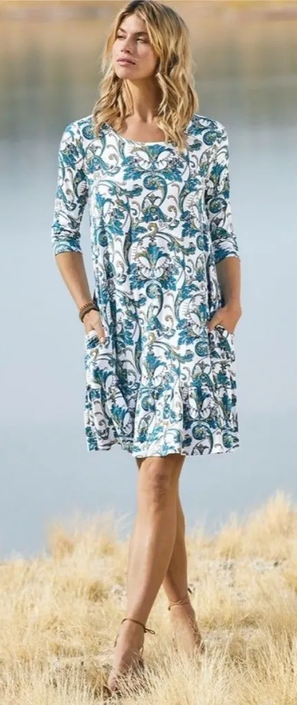 Peruvian Connection Acanthe Tiered Crewneck Floral Dress 3/4 Sleeve Large - Image 1