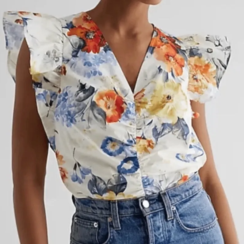 Express Floral Ruffle Sleeve V Neck Ruched Blouse Top Womens XS Pink Blue Orange - Image 11