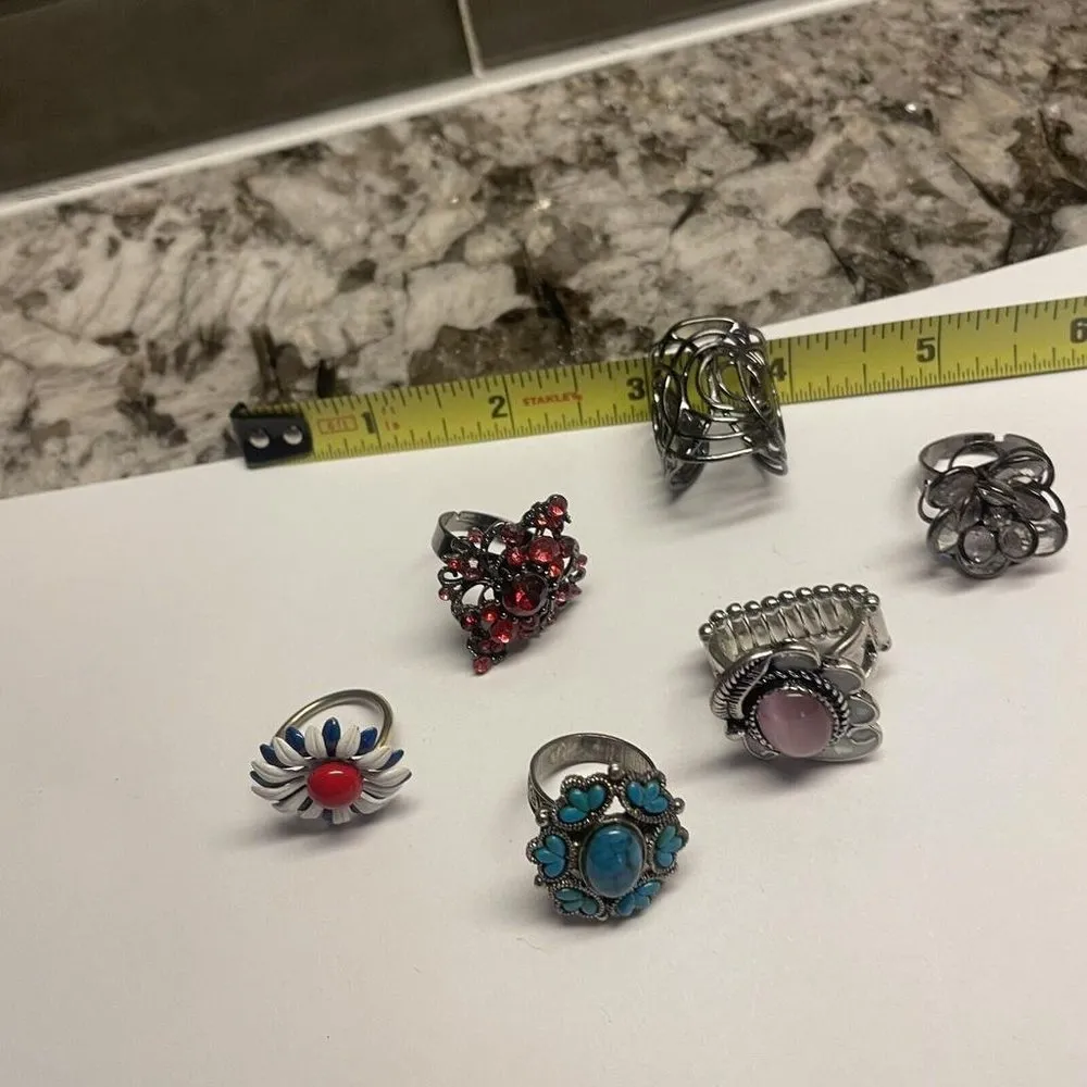 Adjustable Or Stretchy Statement Costume Rings Lot Of 6 Rhinestone, Metal, Etc - Image 10