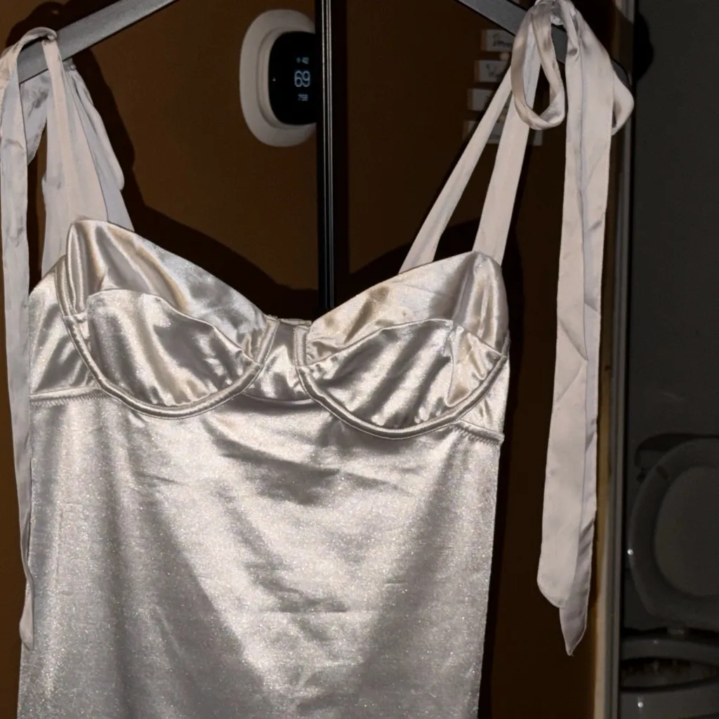 Free People Casino Gone Glam Silver Tie Shoulder Satin Shimmering Midi Size M - Image 3