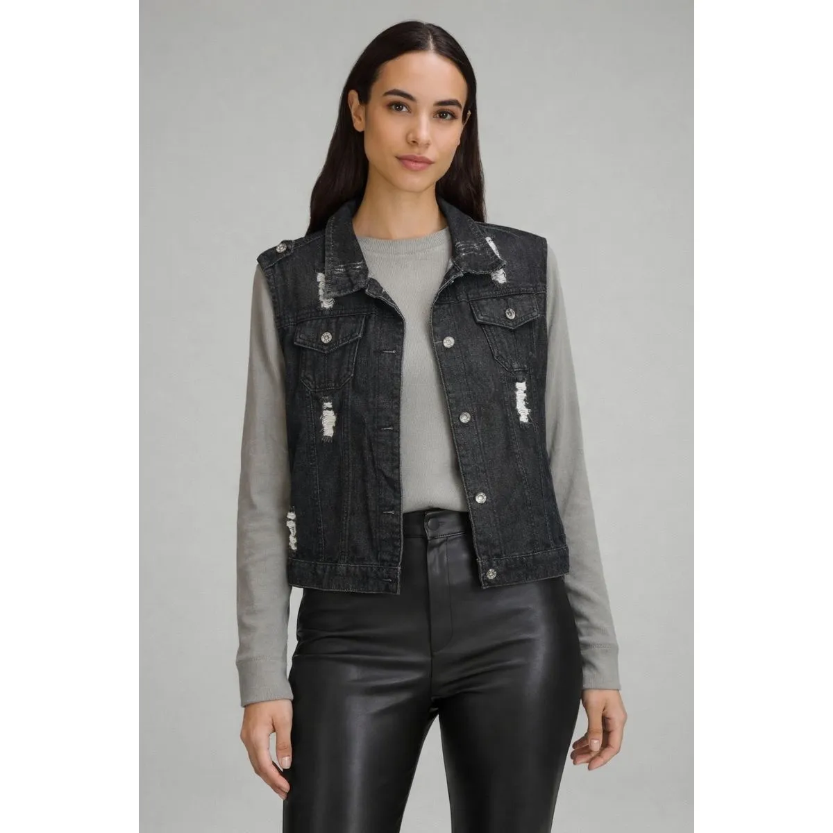 New Collection Women's XL Black Denim Vest and Gray Crop Top Bundle Grunge - Image 2