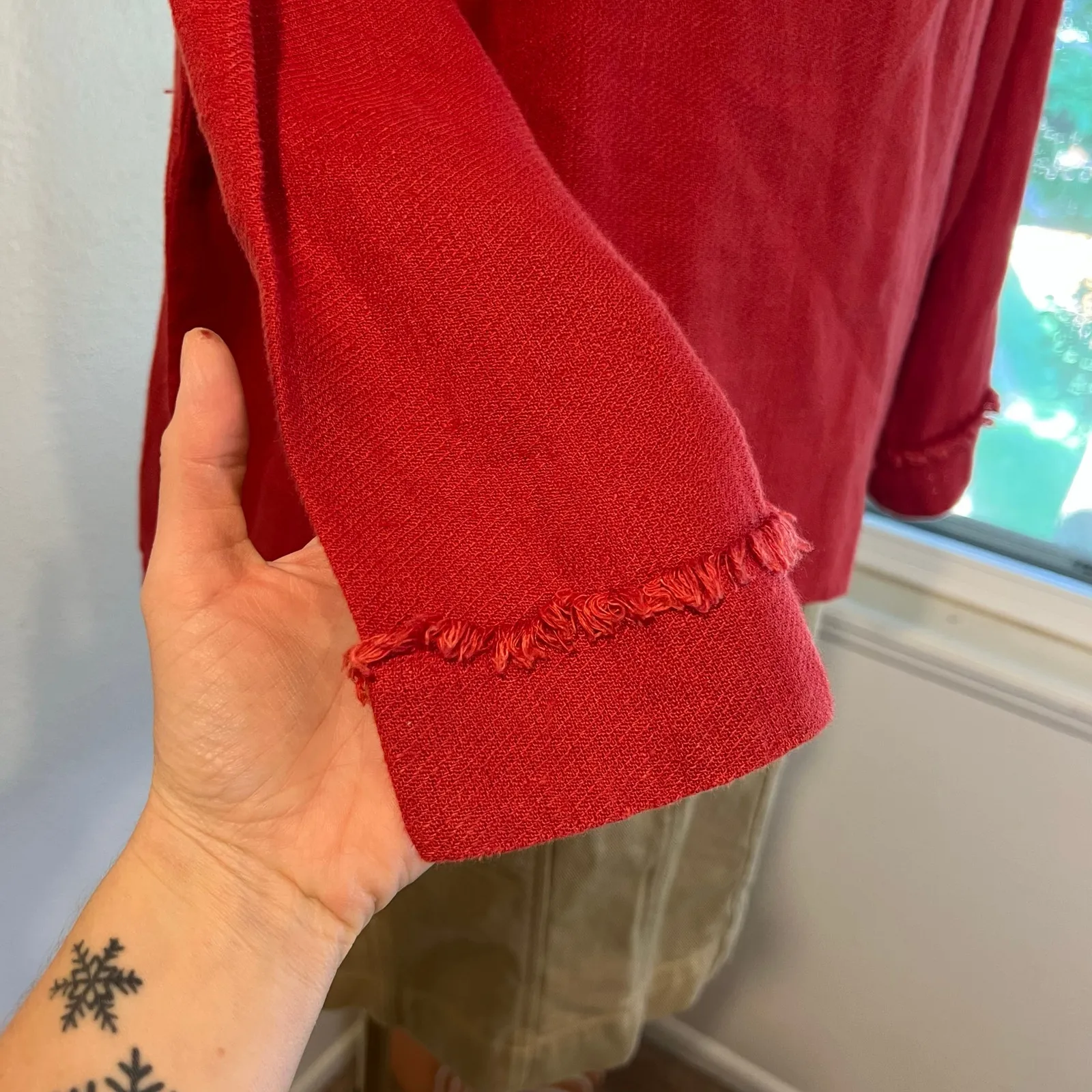 FLAX Red 100% Linen Textured Fringe Trim Oversized Button Front Jacket Size 1X - Image 5