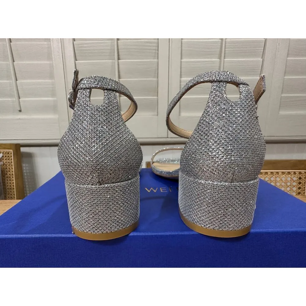 Stuart Weitzman Nudistcurve 35 Block Sandal Heels Silver Size 6 US 36.5 US NIB - Image 9