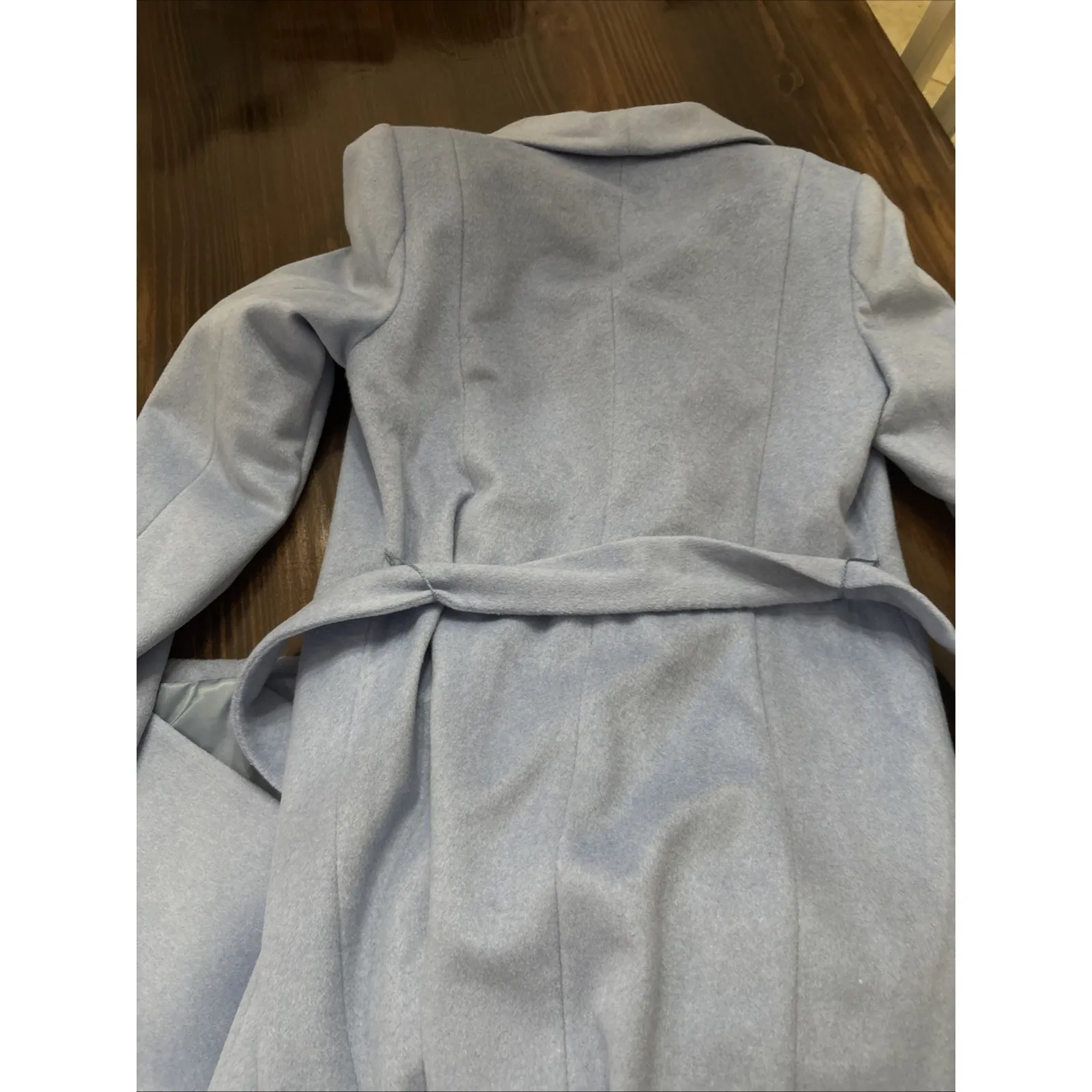 $460 Cole Haan Sz 10 Slick Premium Wool Blend Belted Wrap Trench Coat Ice Blue - Image 11